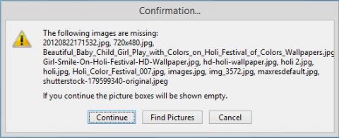The software lists some of the photo files missing. There may be more missing than listed here.
