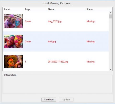 A thumbnailed list of missing images (Note the red text and 'Missing' Status on each image.